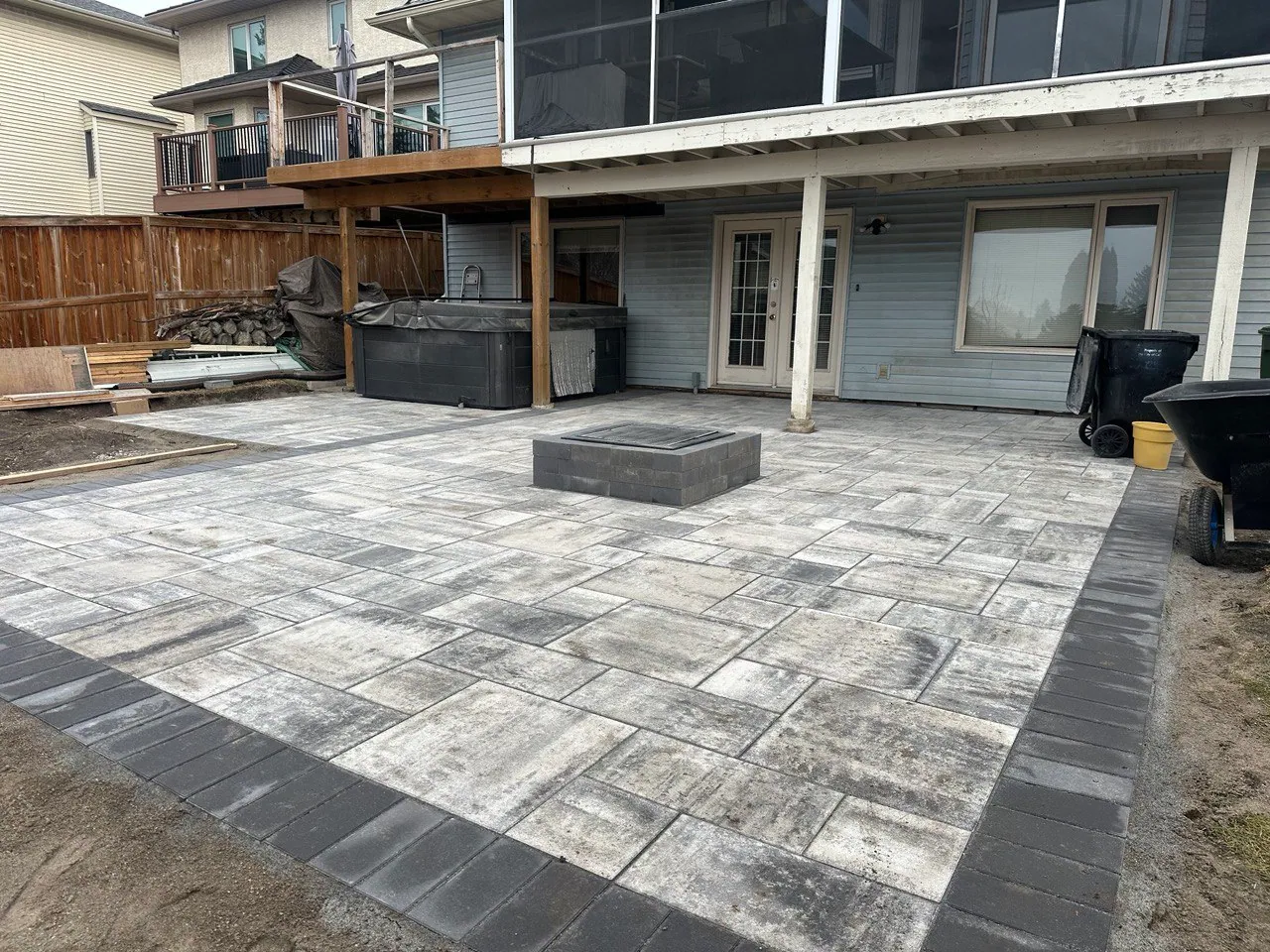 Combo project. Wood retaining wall, paving stones, firepit, leveling – photo 1